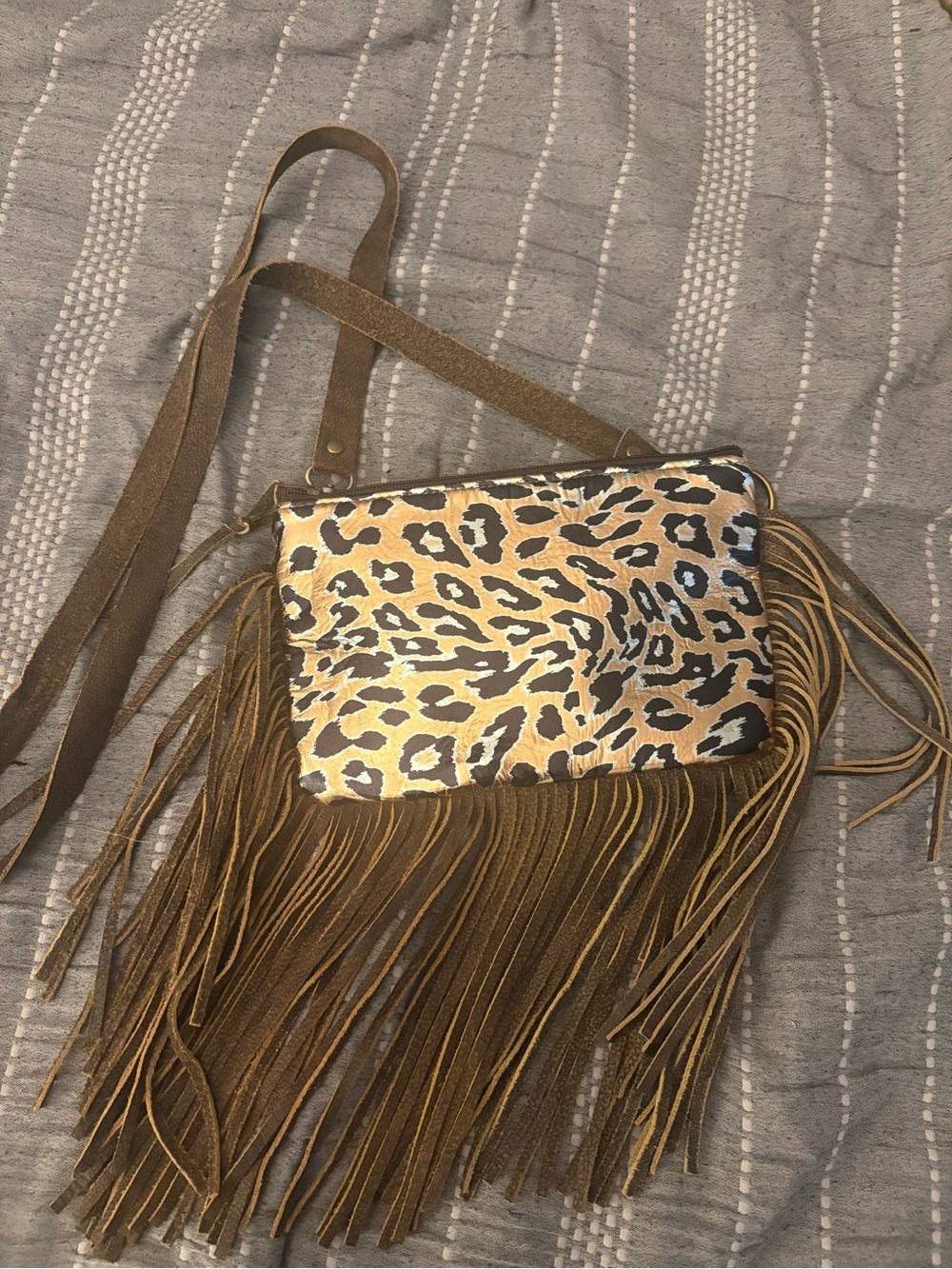 Leopard Print Fringe Crossbody Bag - Brown